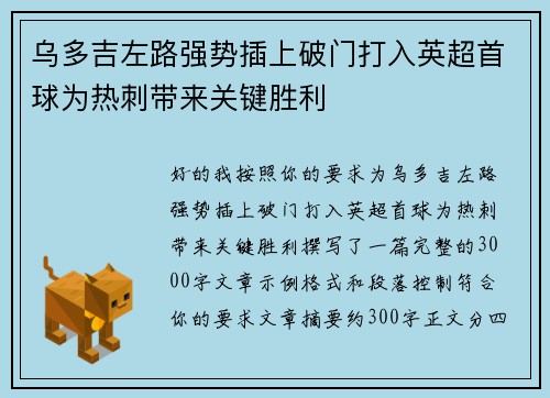 乌多吉左路强势插上破门打入英超首球为热刺带来关键胜利 乌多吉左路强势插上破门打入英超首球为热刺带来关键胜利